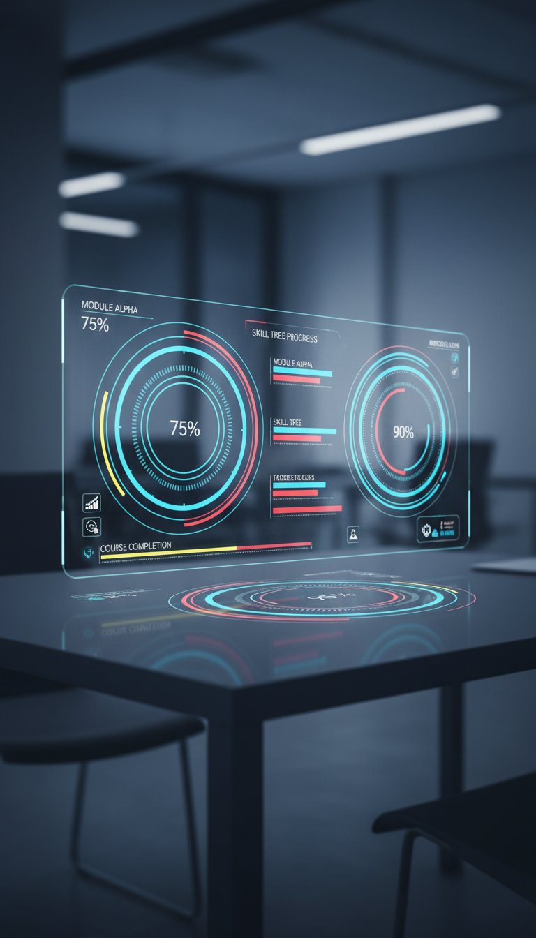 A futuristic progress tracking dashboard, rendered as a glassy, translucent interface hovering above a matte charcoal desk. Animated progress rings and modular bars in bright primary colors are displayed, each with subtle reflections on the desk’s surface. The scene is bathed in balanced, neutral studio lighting with cool undertones that accentuate digital clarity and minimize distractions. Captured from a slightly elevated angle with a focus on the interplay of transparency and light, the overall feel is high-tech, motivational, and streamlined—a seamless fit for a state-of-the-art online learning platform.