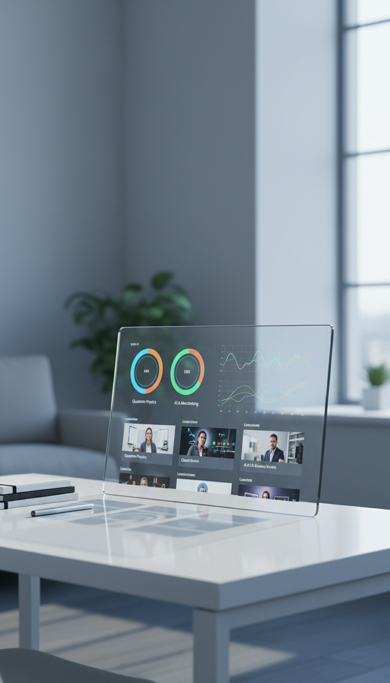 A sleek and modern learning dashboard displayed on a frameless glass screen with vibrant data visualizations and modular video thumbnails, neatly organized in intuitive rows and columns. The screen is positioned atop a minimalist, white lacquered desk, surrounded by subtle hints of educational tools like neatly stacked notebooks and a digital stylus. Gentle, cool daylight from a large nearby window casts soft highlights and delicate shadows, creating a sense of clarity and focus. Photographed at an eye-level angle for an immersive, interactive feel, with sharp focus on the dashboard and a softly blurred, calm background. The overall mood is clean, modern, and inviting, reflecting an intuitive digital learning environment.