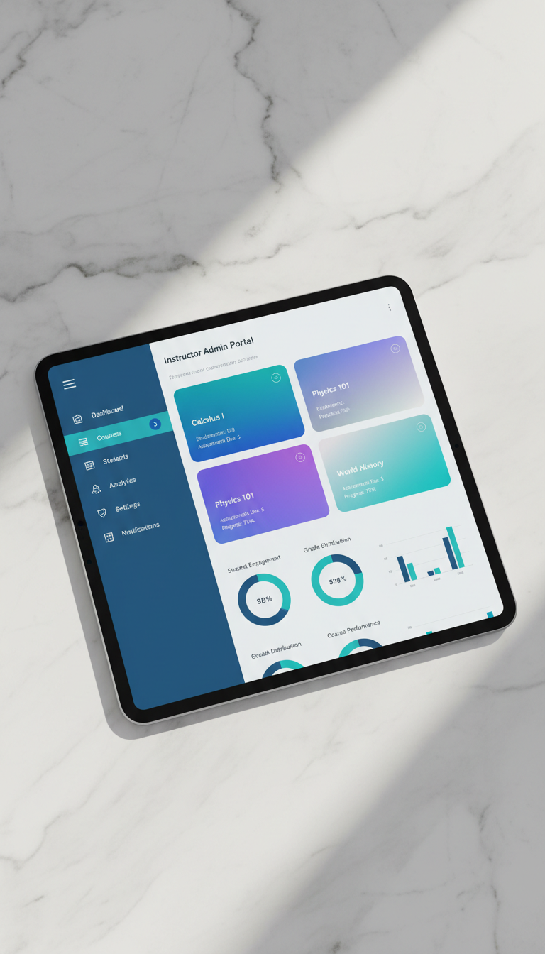 An instructor-focused admin portal interface, shown as a crisp, high-resolution tablet screen resting on a smooth marble surface. Lined with organized navigation menus and customizable course cards in coordinated, cool color palettes, the portal is highlighted by active notification badges and analytic charts. Cool, natural daylight filters across the scene from the left, creating soft contrasts and a subtle play of shadows around the device’s edges. The mood is polished, empowering, and efficient, with a clean, modern aesthetic that represents organizational control and user-friendly technology for educators.